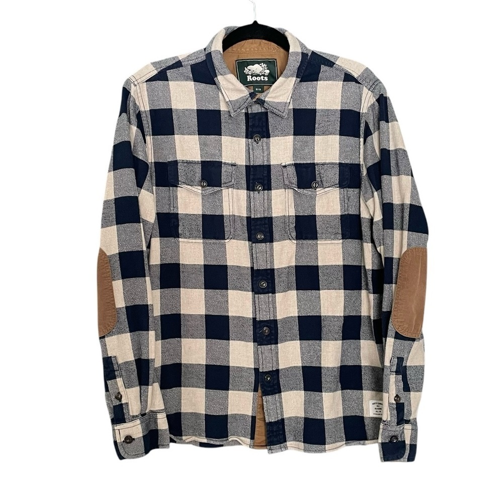 ROOTS Canada Park Plaid Flannel Buffalo Check Button Down Shirt Tan Navy Blue M